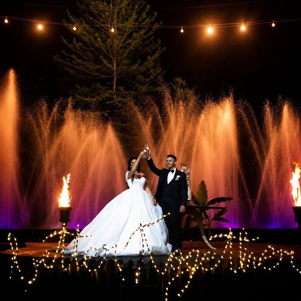 Casal em palco com efeitos especiais e iluminação de evento