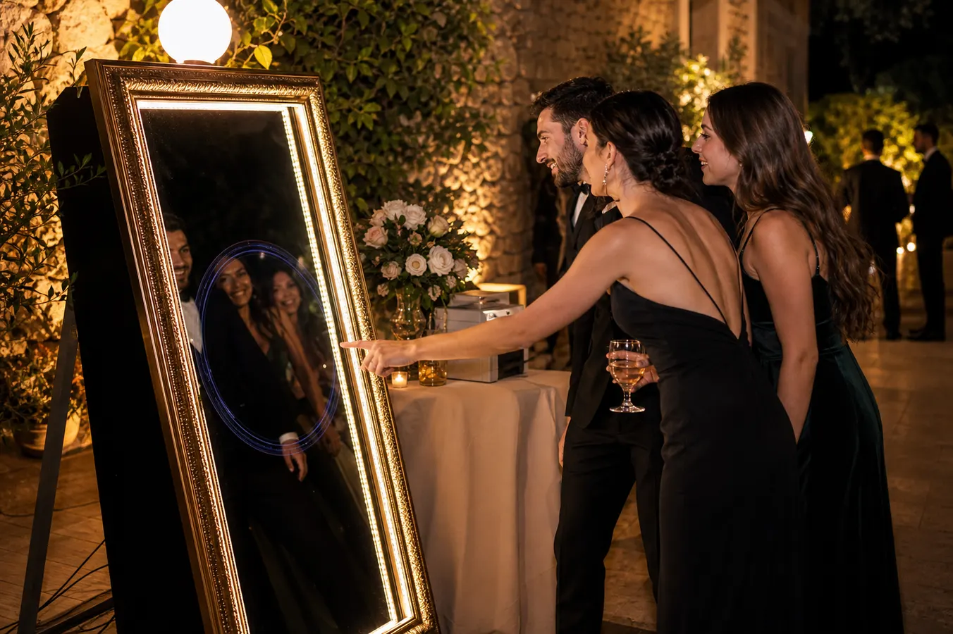 Mirror booth interativo iluminado em evento de casamento