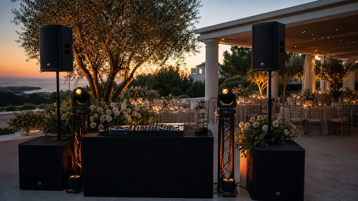 Cabine DJ com som e iluminação preparada para casamento